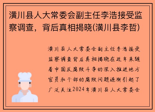 潢川县人大常委会副主任李浩接受监察调查，背后真相揭晓(潢川县李哲)